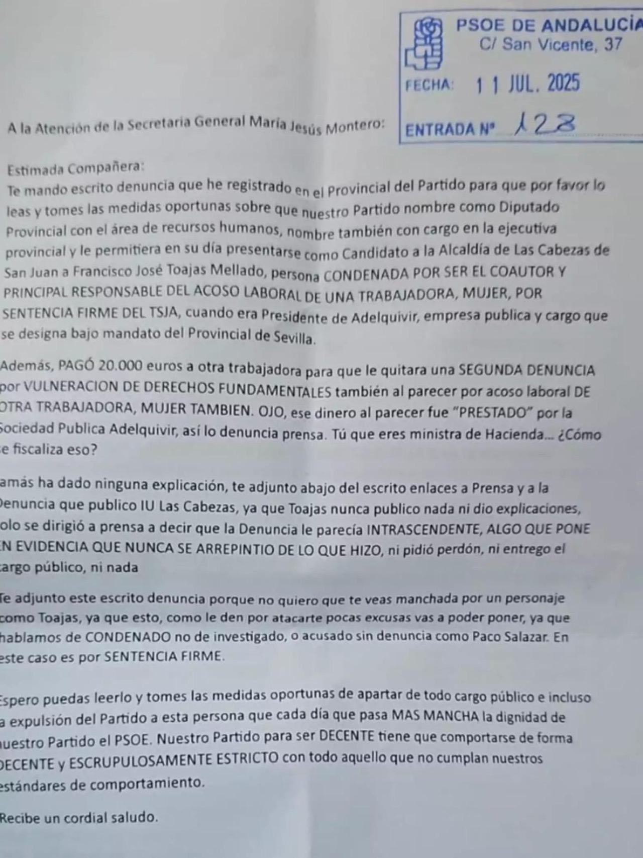 La denuncia interpuesta en el PSOE andaluz el pasado mes de julio por un caso de acoso laboral.
