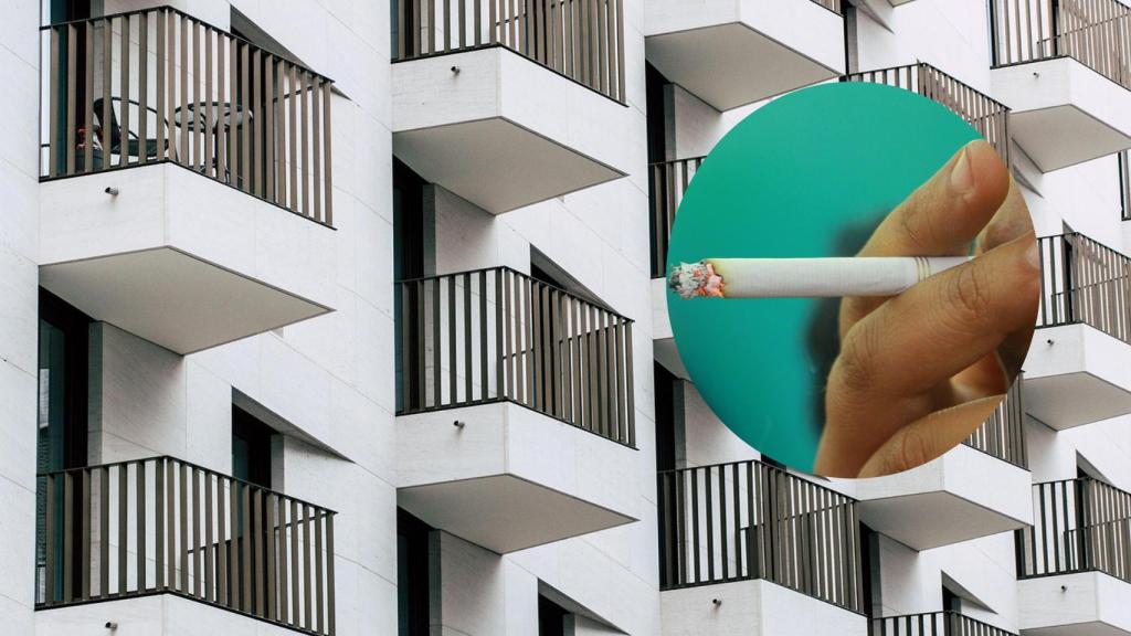 Montaje de terrazas con una persona fumando (Pixabay).