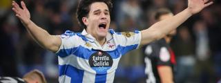 Noé Carrillo celebra su gol con el Dépor frente al Mallorca.