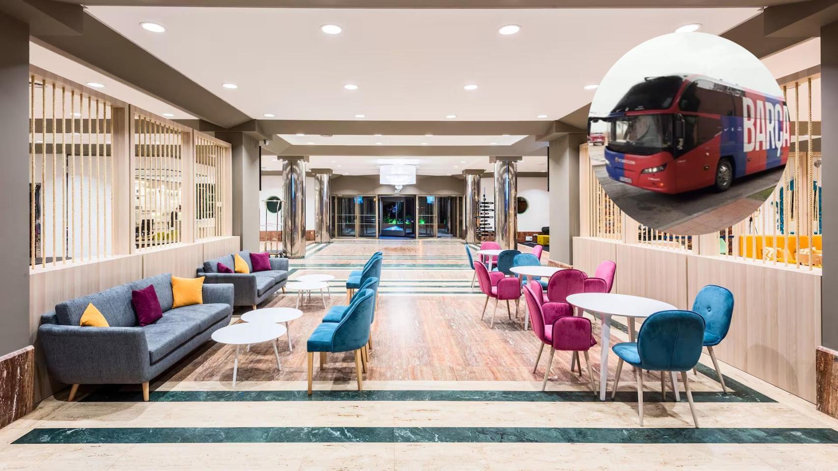 Uno de los recibidores principales del hotel y un autobús del FC Barcelona.
