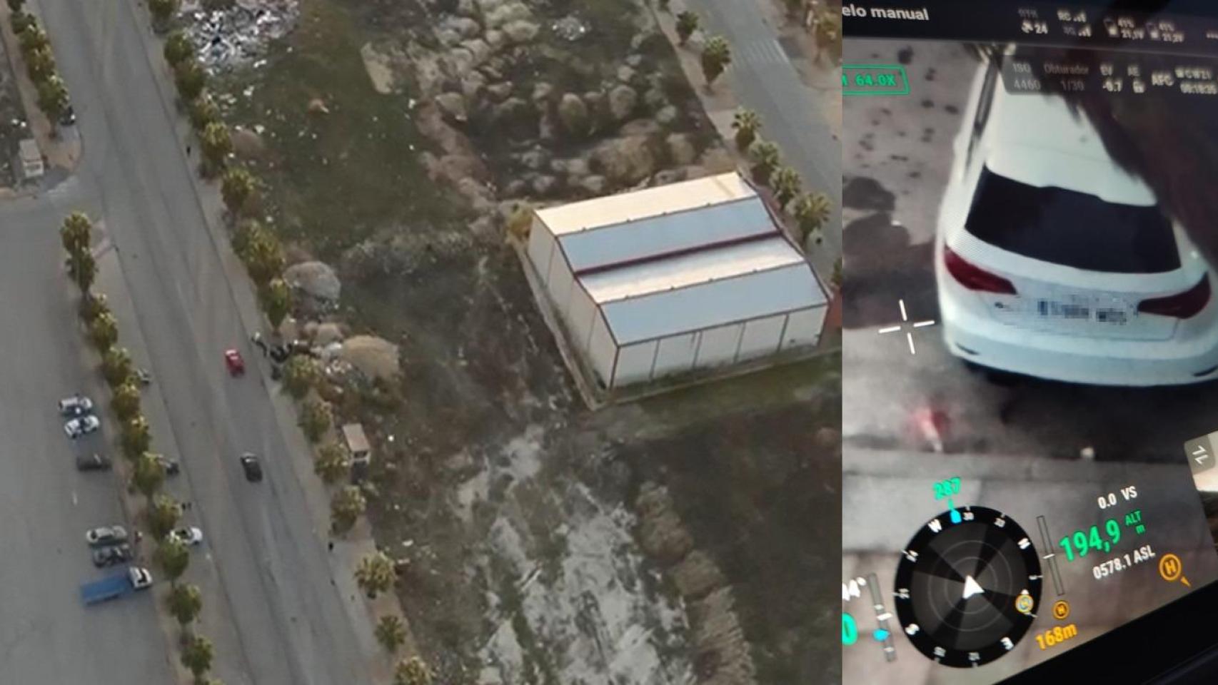 Una de las carreras ilegales del Polígono Nueva Jaén que fueron filmadas por los drones de la Policía Nacional. Al lado, un plano detalle para identificar la matrícula del coche infractor.