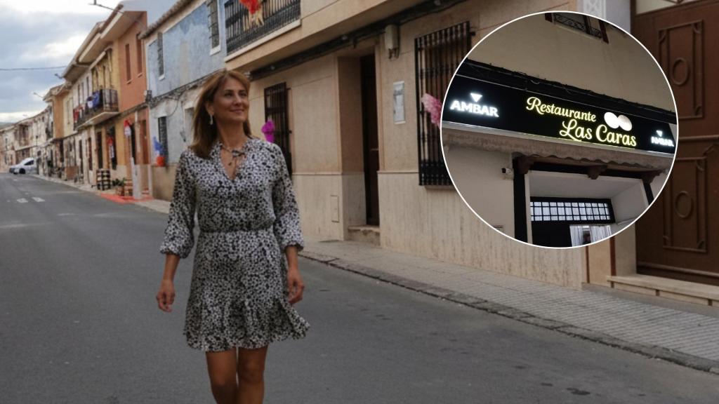 Yesenia en una calle de Calzada de Calatrava y la fachada de su restaurante.