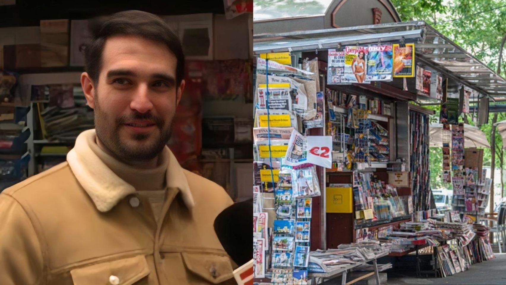 Montaje con Miguel Sanz, dueño de un quiosco en Madrid,  y un quiosco (Imagen de archivo)