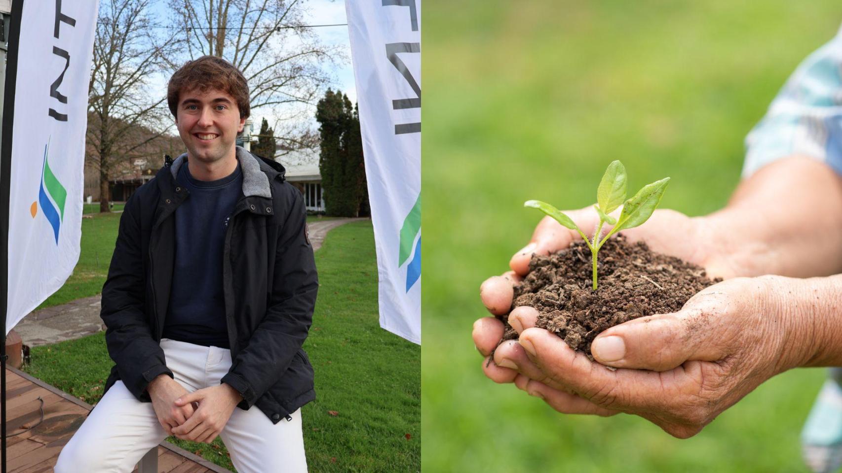 Montaje con una imagen de Carlos y una imagen de archivo de la agricultura.