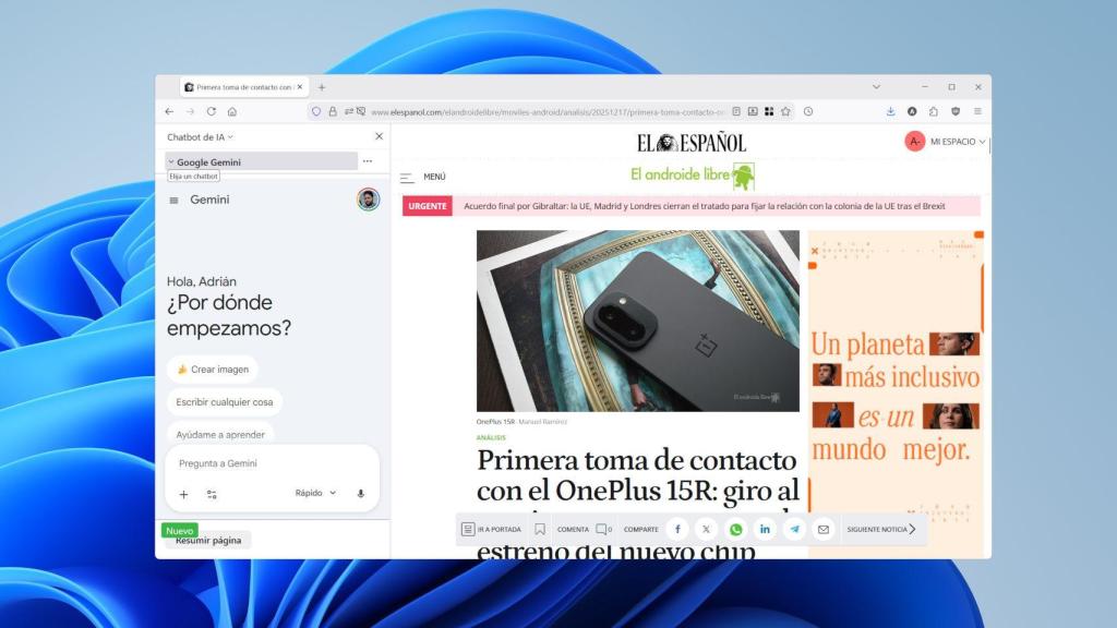 Firefox ya tiene funciones de IA, aunque muy básicas como un panel donde usar Gemini u otro asistente