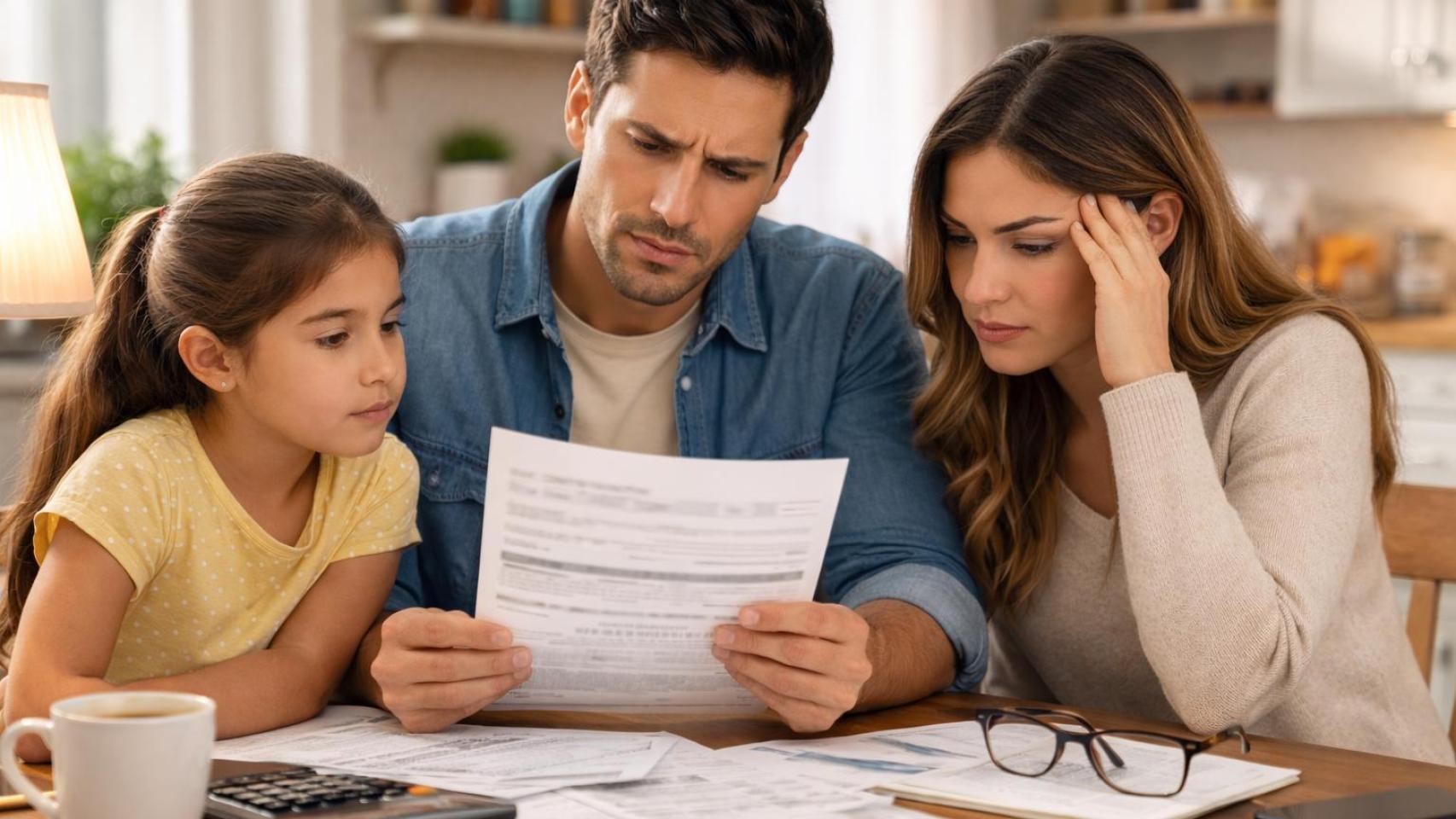 Una familia revisando las facturas.