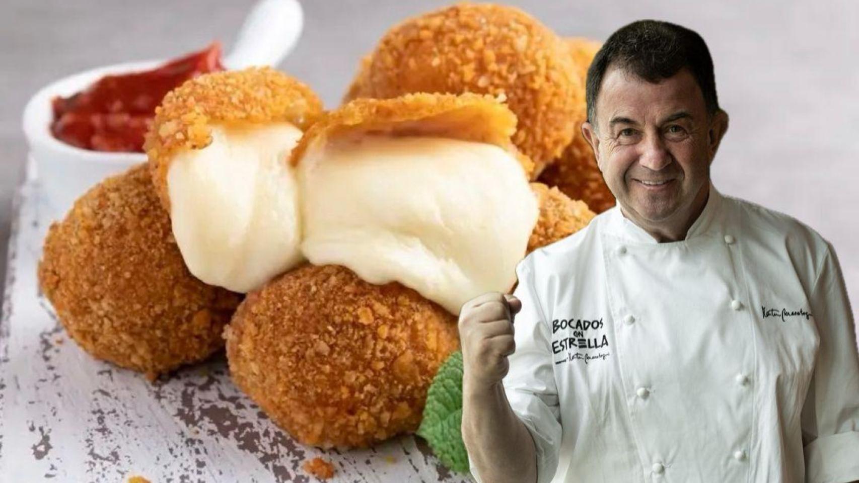 El chef Martín Berasategui junto a sus bolas fritas de jamón y queso.
