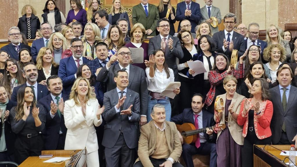 Diputados andaluces cantando villancicos con el consejero de Sanidad a la caja.