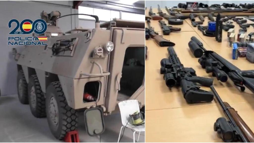 El blindado y parte de las armas incautadas durante la operación.