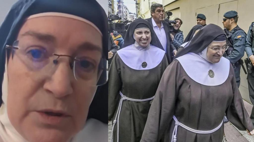 Sor Paloma en el vídeo compartido en redes este jueves y, a la derecha, dos de las exmonjas el día que declararon en el juzgado de Briviesca (Ricardo Ordóñez-Ical)