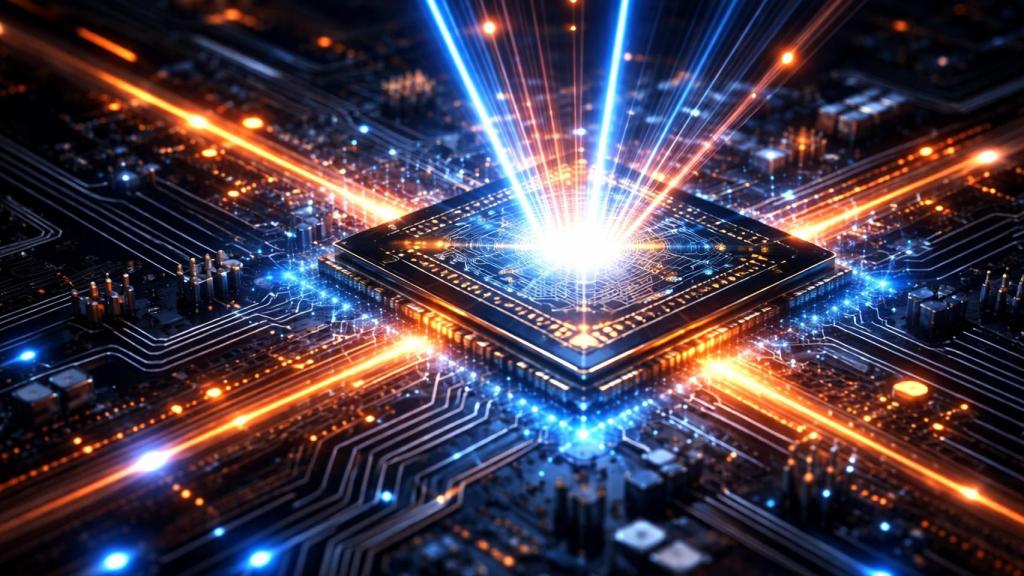 Imagen generada por inteligencia artificial de un chip usando fotones de luz.