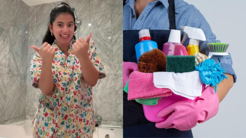 Michelle, limpiadora ecuatoriana en España (@michelita.huayamave) y una persona sujetando productos de limpieza (Imagen de archivo).