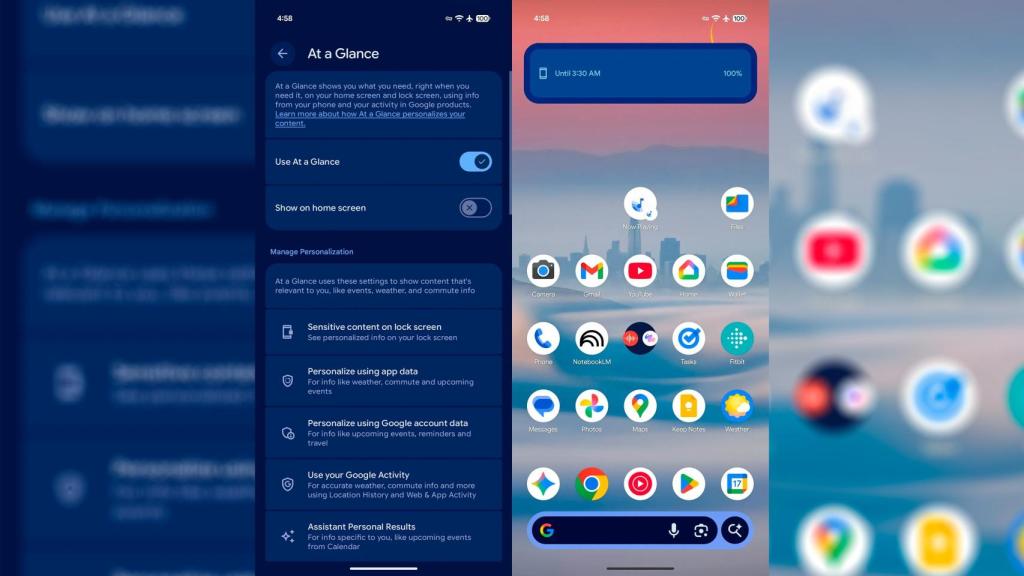 El menú para desactivar el widget At a Glance
