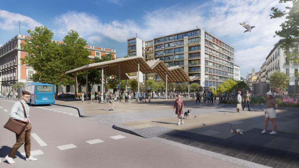 Recreación de la plaza de Jacinto Benavente desde la calle de Atocha.