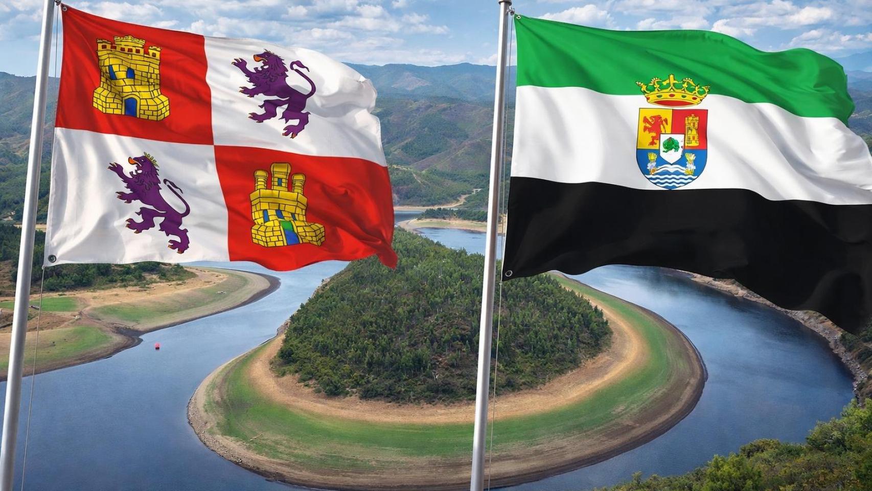 Banderas de Extremadura y Castilla y León, con el río Alagón, frontera natural, de fondo en un montaje de EL ESPAÑOL