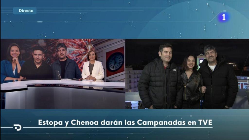 Pepa Bueno, Chenoa y Estopa, en el Telediario 2 este jueves.