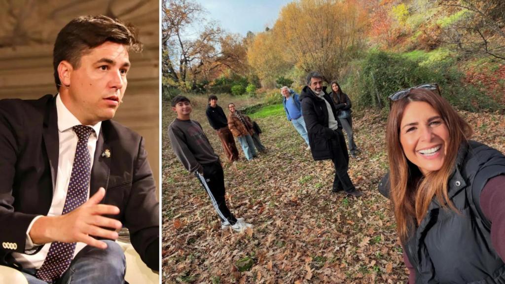 Carlos Montesino, a la izquierda, y Juan del Val y Nuria Roca junto a su familia en los entornos naturales de Candeleda y El Raso (@nuriarocagranell)