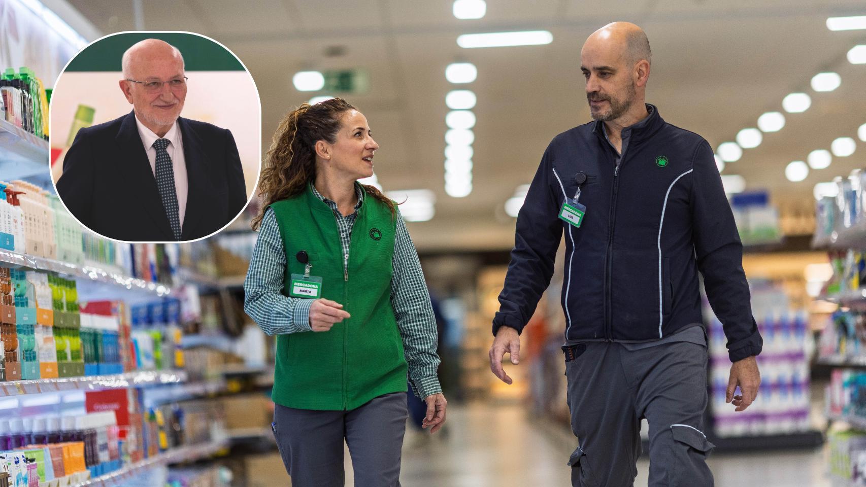 Montaje donde se ven dos trabajadores de Mercadona y Juan Roig, presidente de la cadena de supermercados.