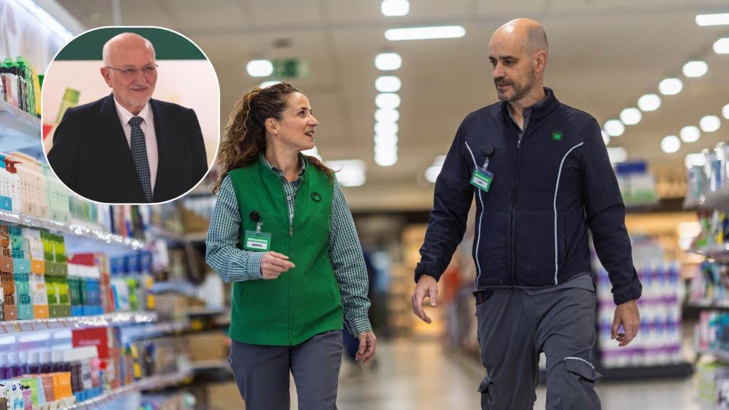 Montaje donde se ven dos trabajadores de Mercadona y Juan Roig, presidente de la cadena de supermercados.
