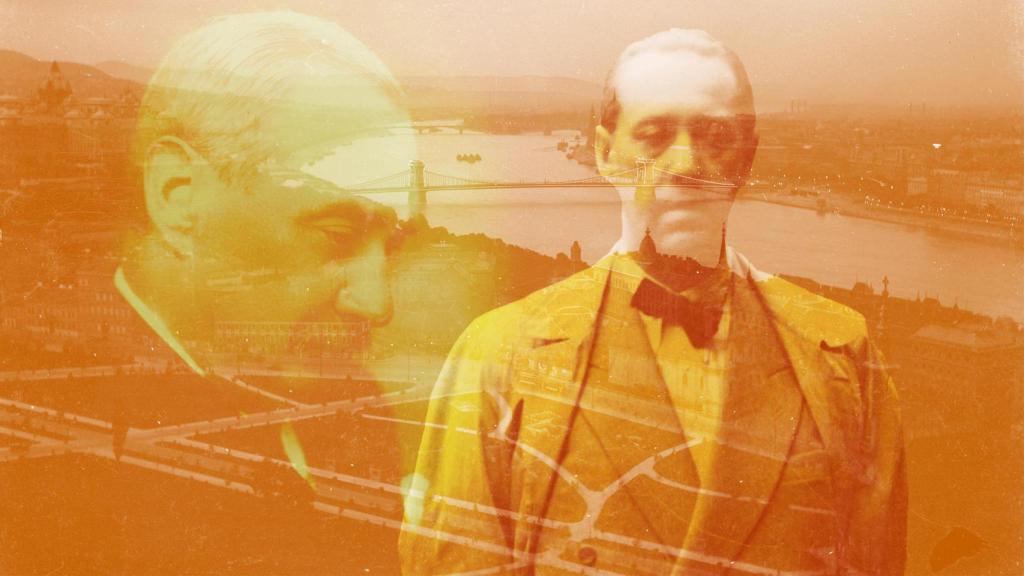 Gyula Krúdy y Sándor Márai, con Budapest al fondo. Diseño: Rubén Vique