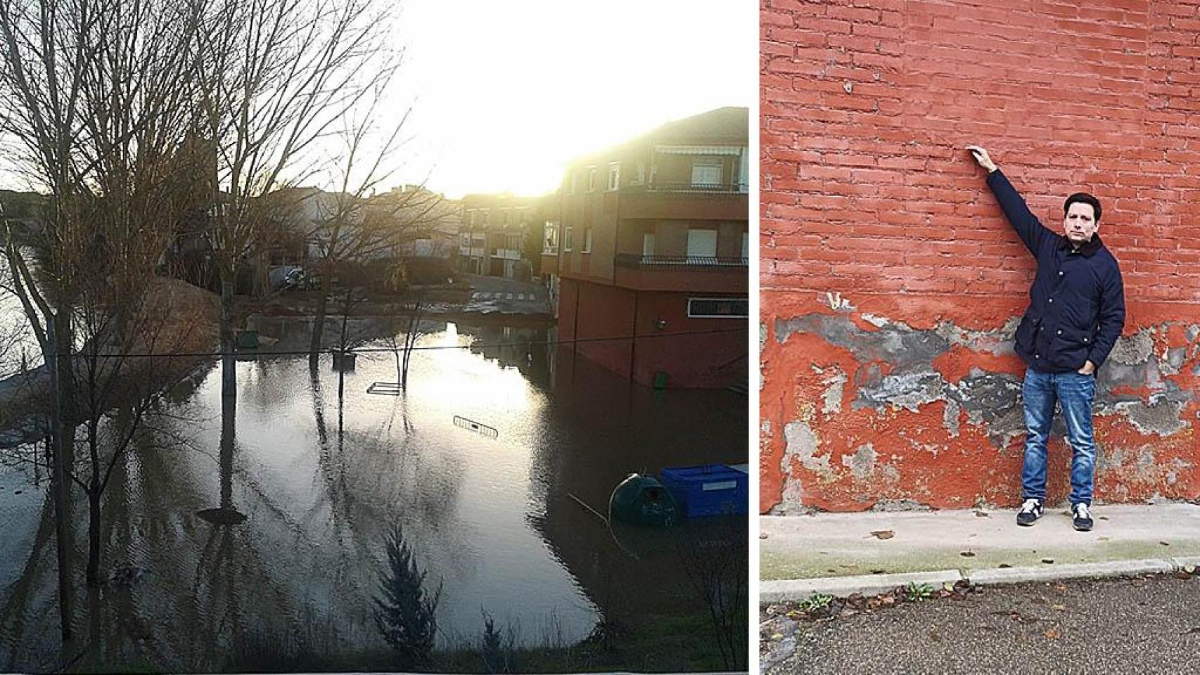 Miguel, concejal de Urbanismo, y Viana de Cega en un episodio de inundaciones.
