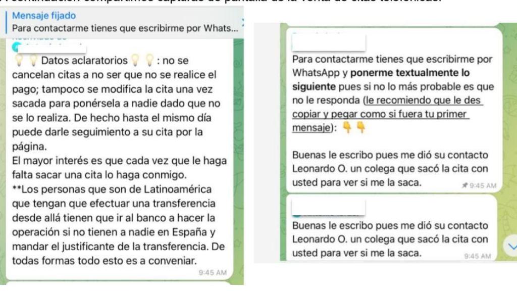 Pruebas de mensajes en los que los estafadores piden dinero para conseguir una cita con el Ministerio.