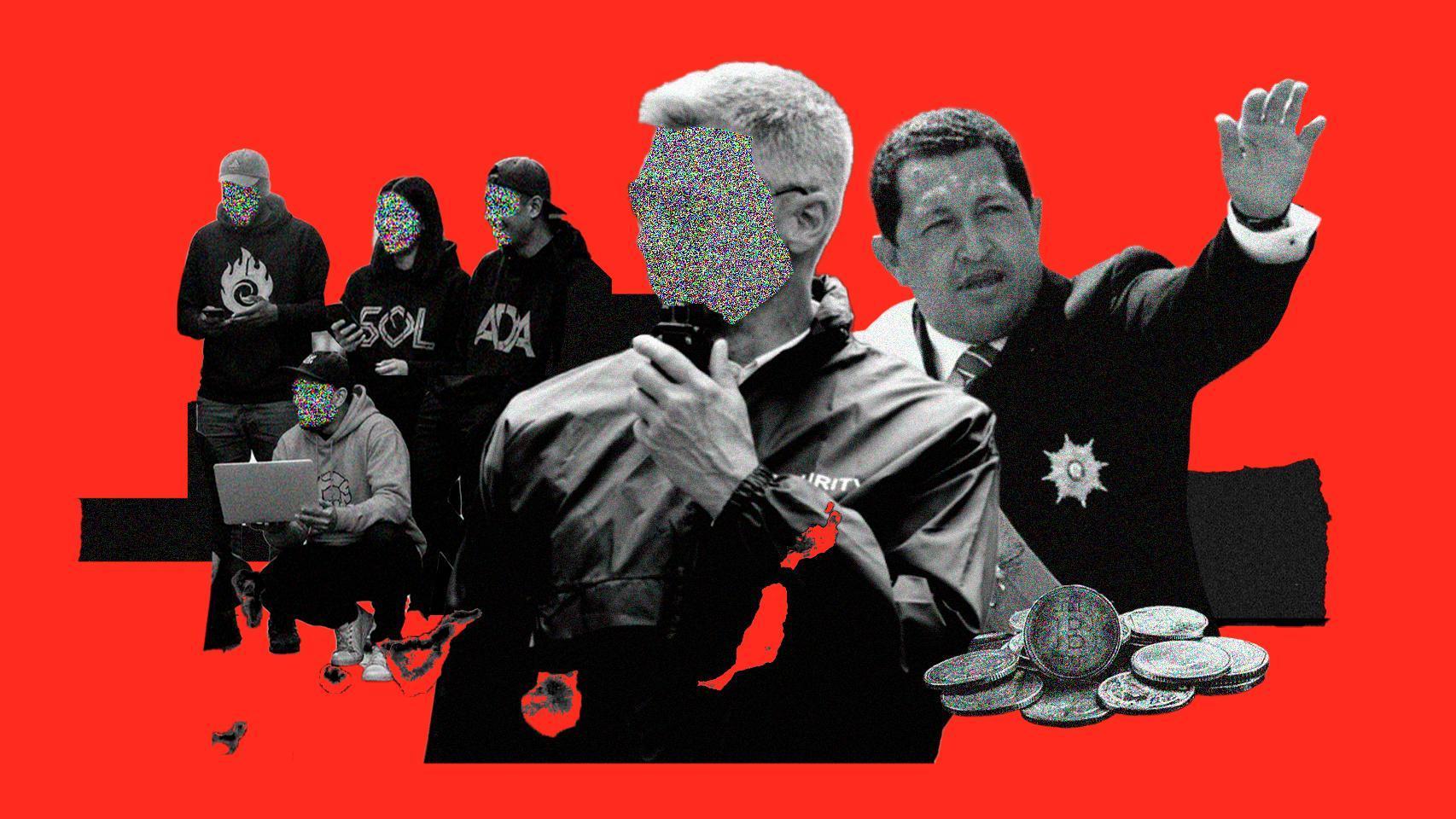 Diseño donde se muestra a un opositor venezolano, al expresidente de Venezuela, Hugo Chávez, y varios criptoactivos.