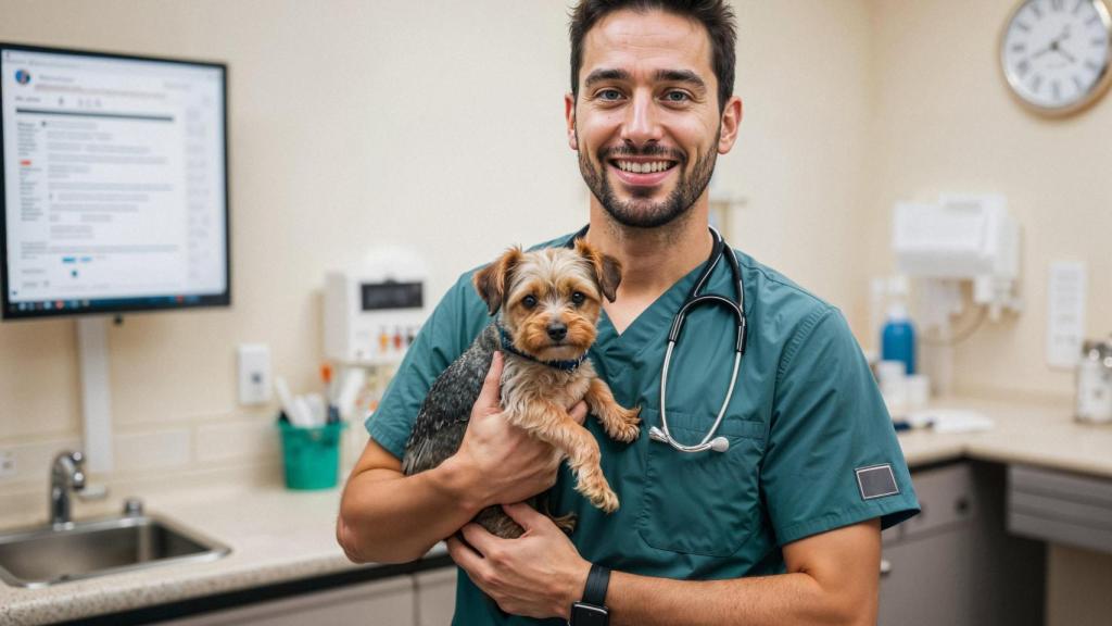 Un veterinario con un perro en brazos.