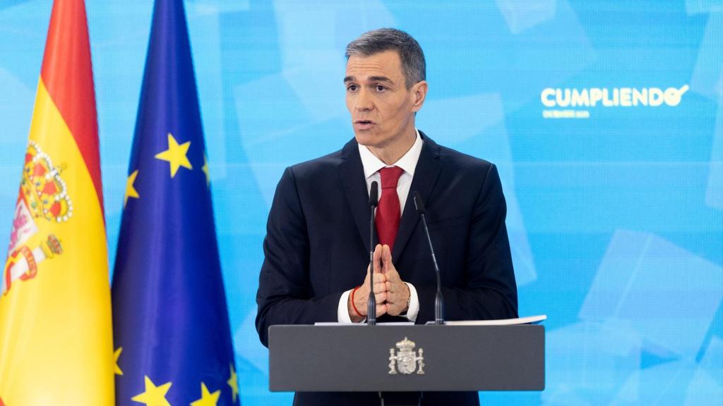 Pedro Sánchez, durante la comparecencia que motivó el último expediente abierto por la Junta Electoral Central, el pasado 19 de diciembre./