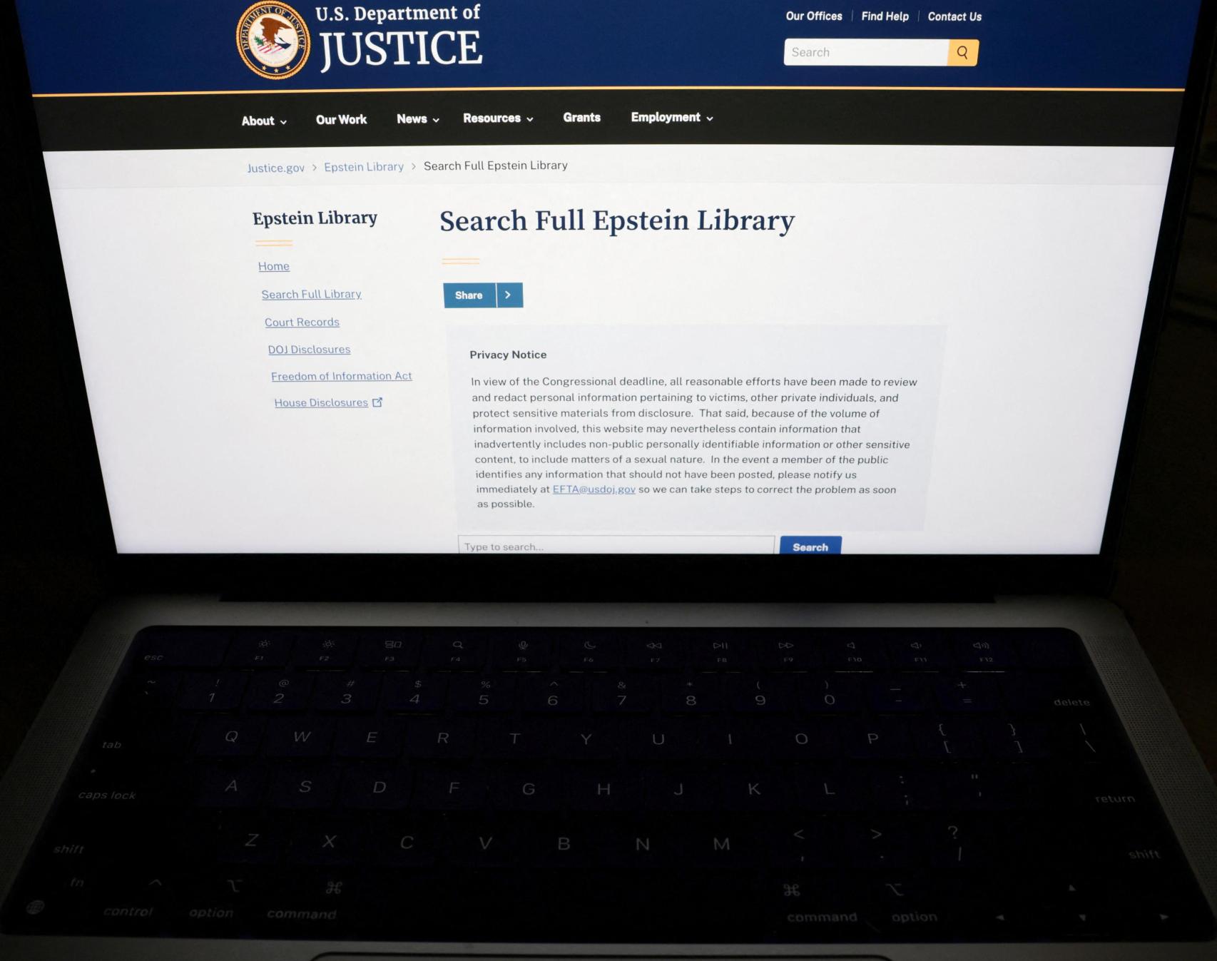 The U.S. Department of Justice is releasing a library of new documents relating to the late financier and sex offender Jeffrey Epstein, seen on this homepage and staged for a Reuters photo in Washington, DC, U.S., December 19, 2025.