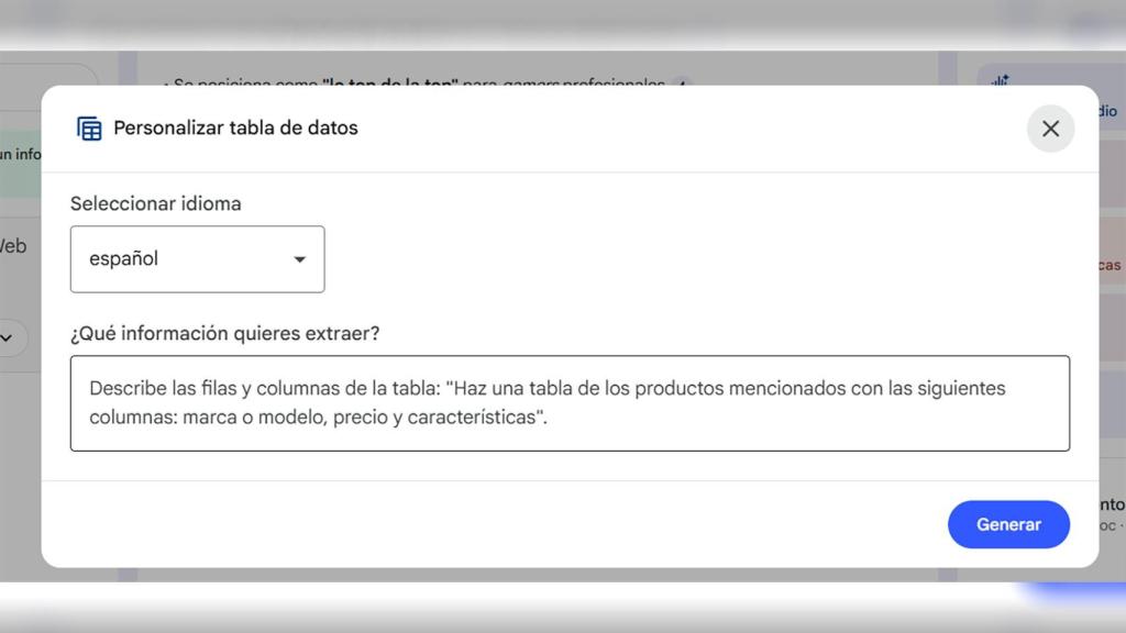 La opción para personalizar la tabla de datos