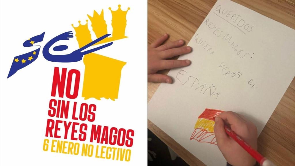 El hijo de un funcionario español en Bruselas escribe su 'carta' a los Reyes, junto al logo reivindicativo.