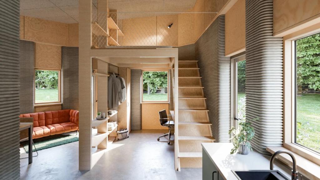 Parte del interior de las viviendas estudiantiles Skovsporet impresas en 3D.