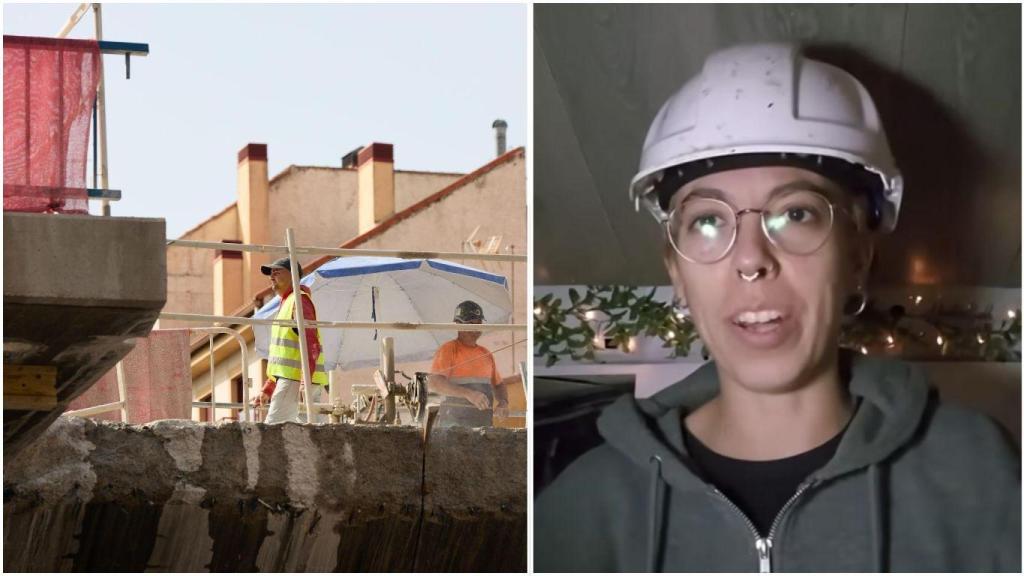 Fotomontaje de Nerea y una albañila trabajando en una obra.