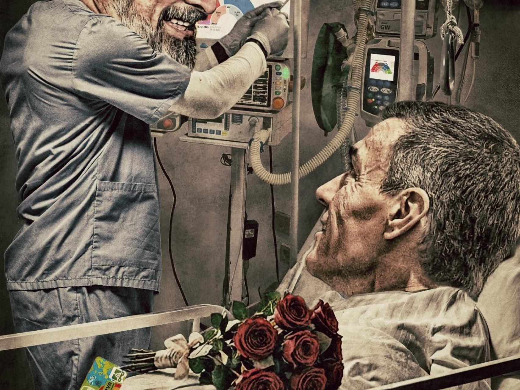Ilustración de Sánchez siendo atendido por Abascal en un hospital.