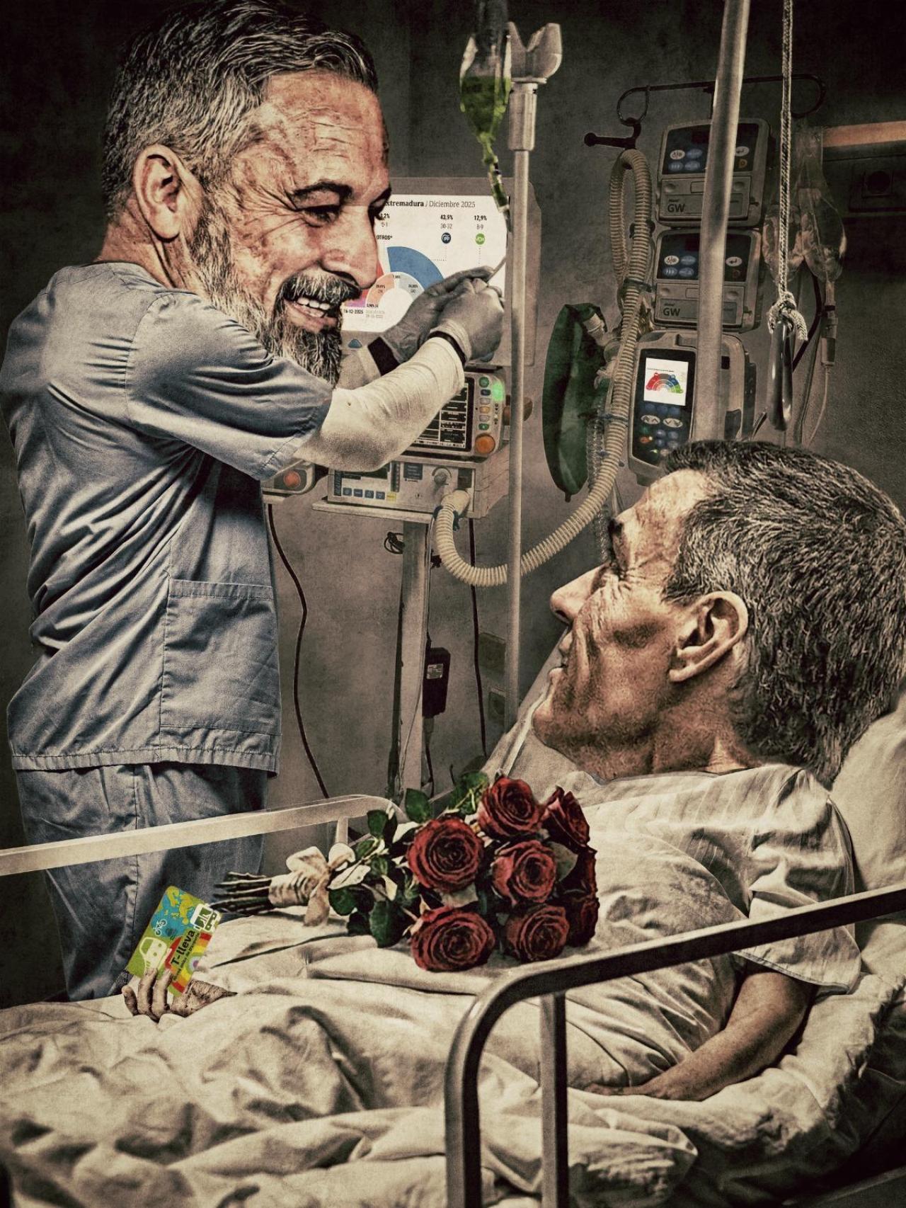 Ilustración de Sánchez siendo atendido por Abascal en un hospital.