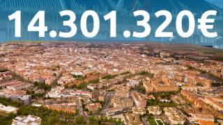 Montaje con una vista aérea de Ciudad Real y la cifra de fondos europeos concedida a la ciudad.