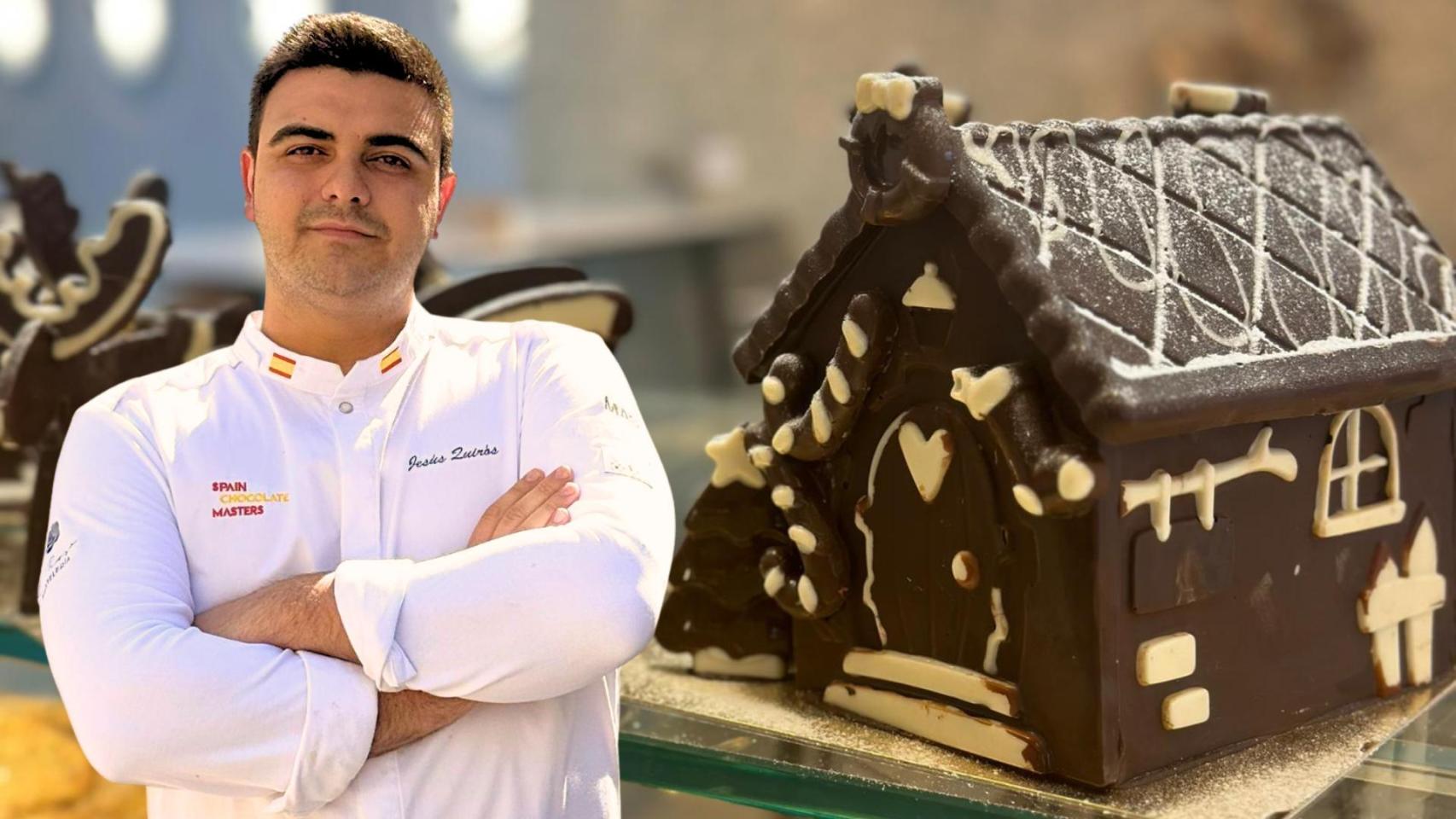 Jesús Quirós y de fondo una de sus creaciones a base de chocolate.