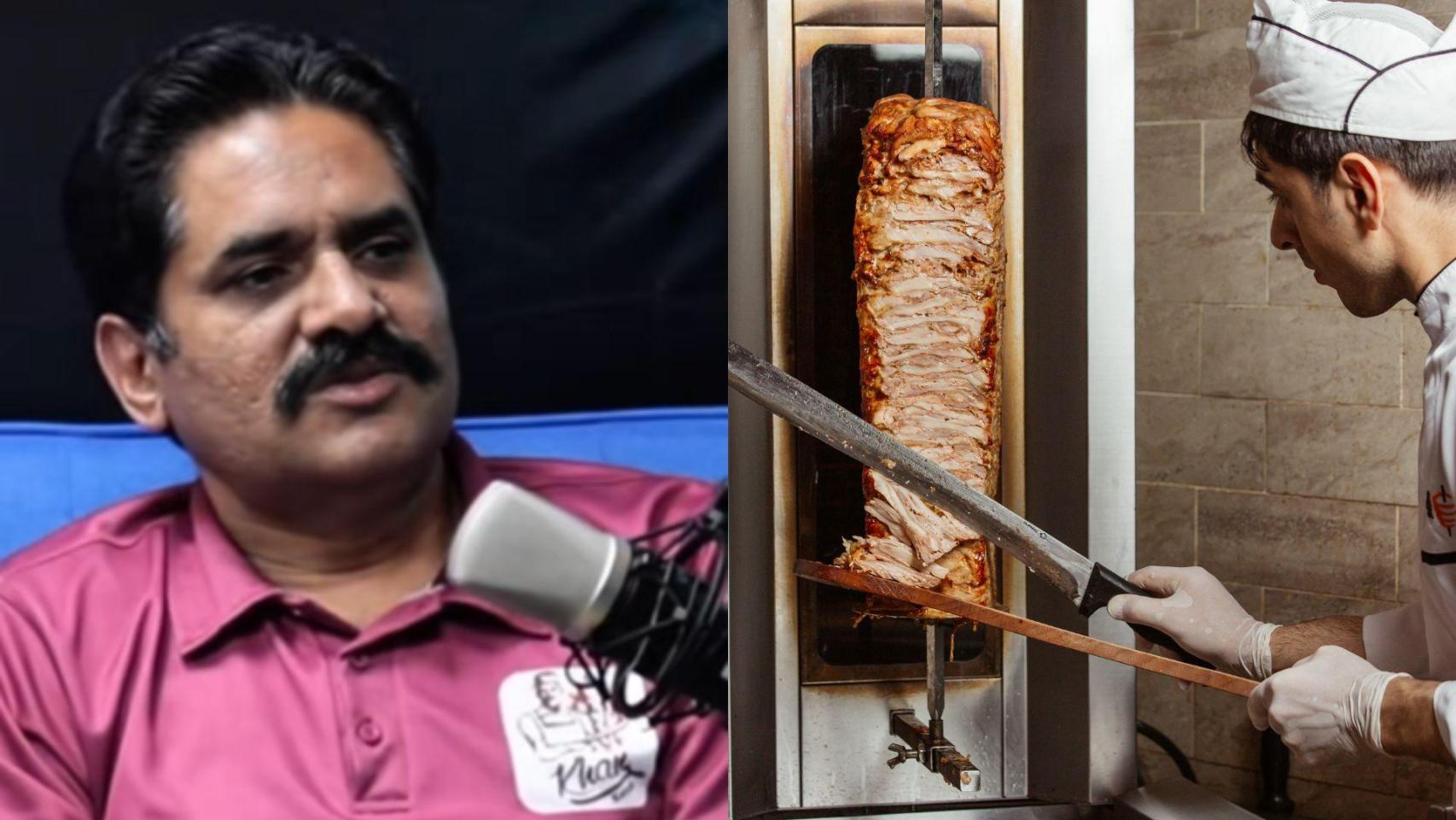 Montaje con una imagen del dueño de un kebab y de un rollo de kebab.