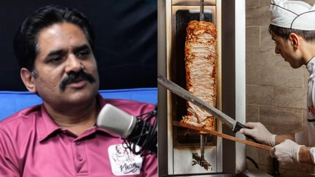 Montaje con una imagen del dueño de un kebab y de un rollo de kebab.