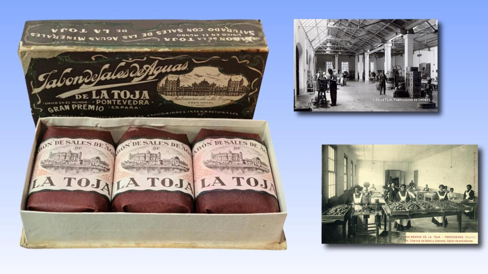 Jabón de La Toja y detalle de la fábrica. https:// mercadolibre.com y https://turismogrove.mobi