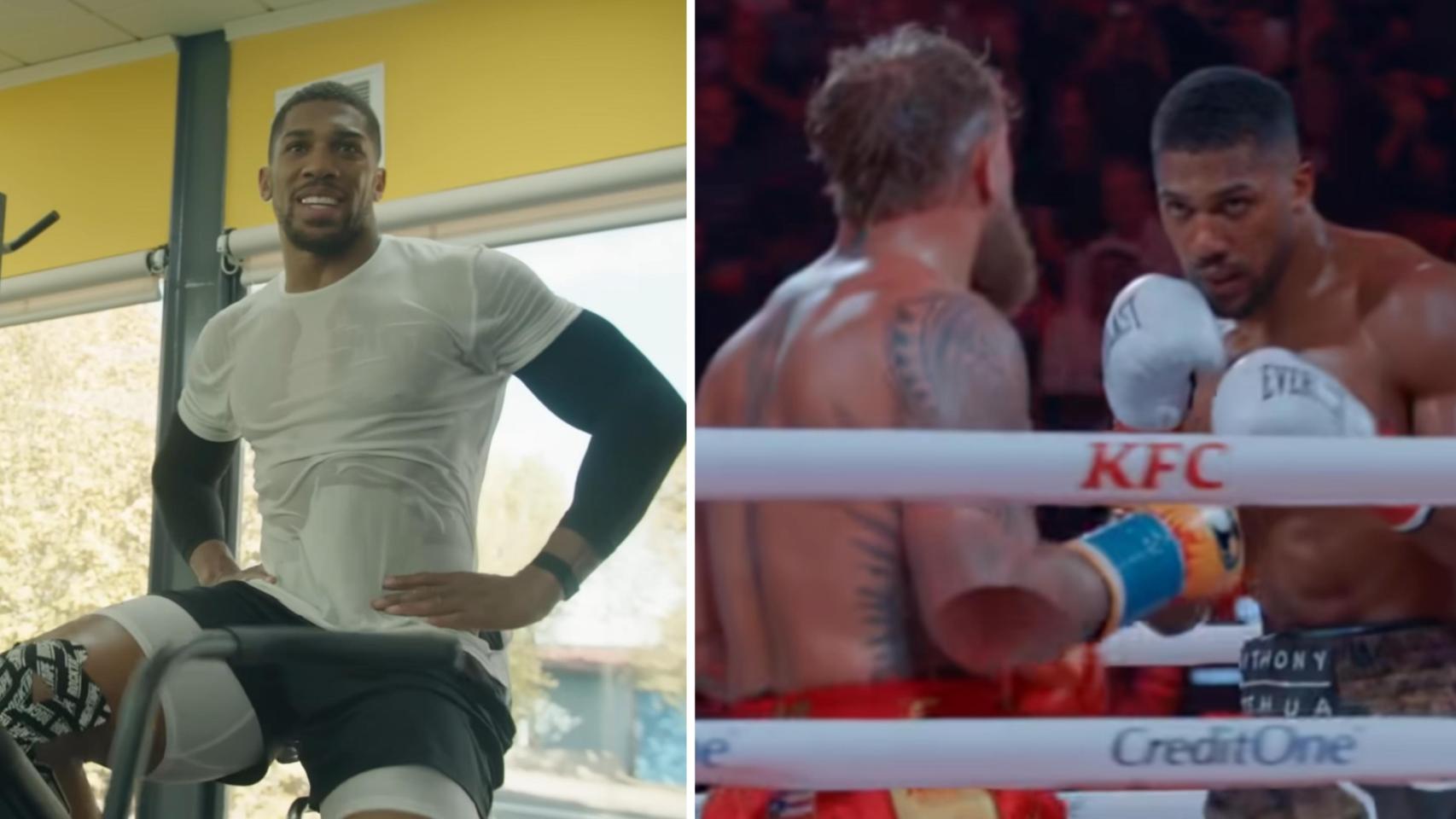 Anthony Joshua en Valencia y durante el combate del pasado sábado ante Jake Paul.