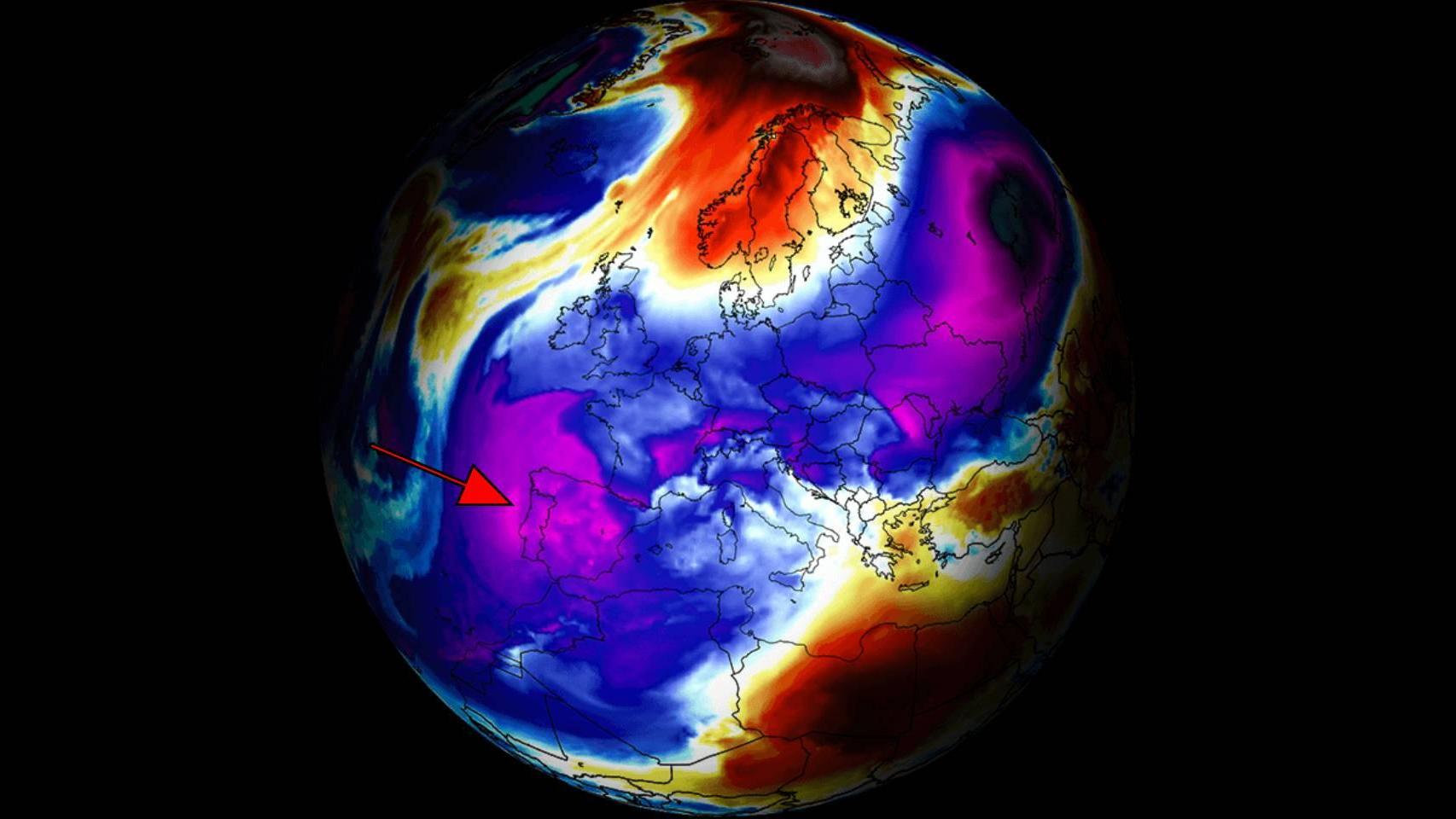 Las masas de aire frío y húmedo que causarán la anomalía gélida. Severe-weather.eu.