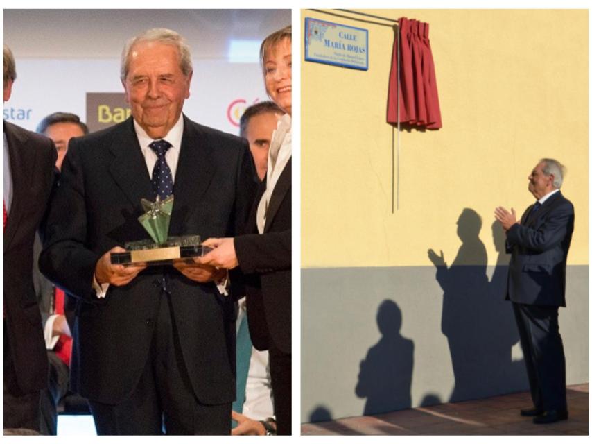 A la izquierda Alfredo López Rojas recogiendo un premio, a la derecha en la inauguración de Sonseca de la calle María Rojas.