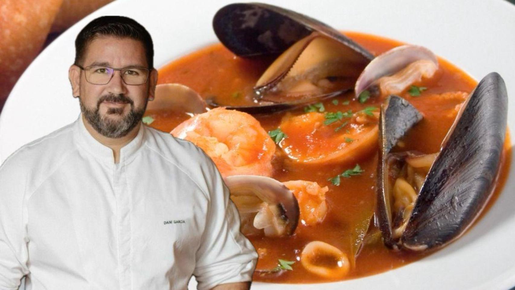 Dani García junto a un plato de sopa de pescado.