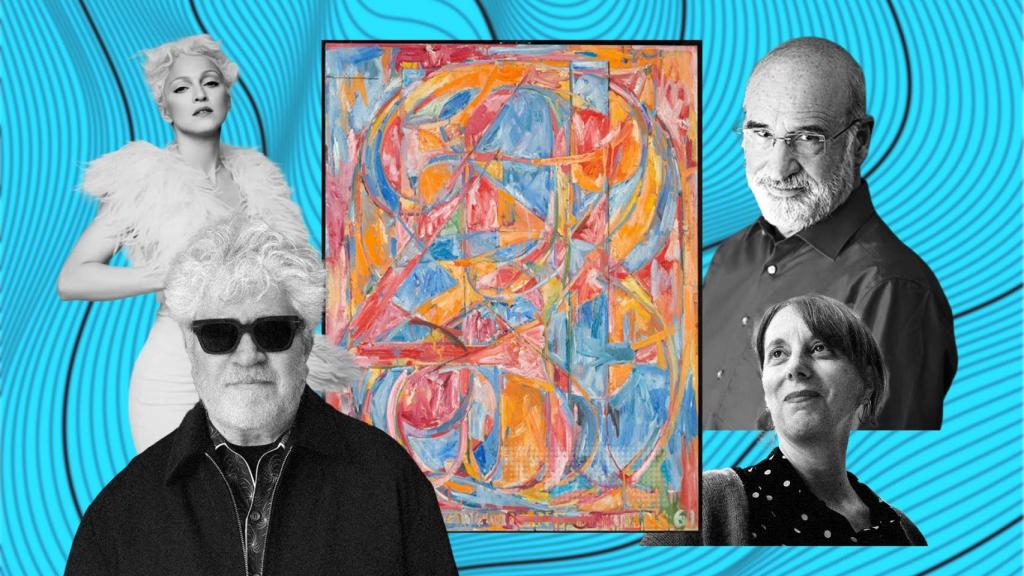 Madonna, Pedro Almodóvar, una obra de Jasper Johns, Fernando Aramburu y Victoria Szpunberg, son algunos de los protagonistas de 2026. Diseño: Rubén Vique