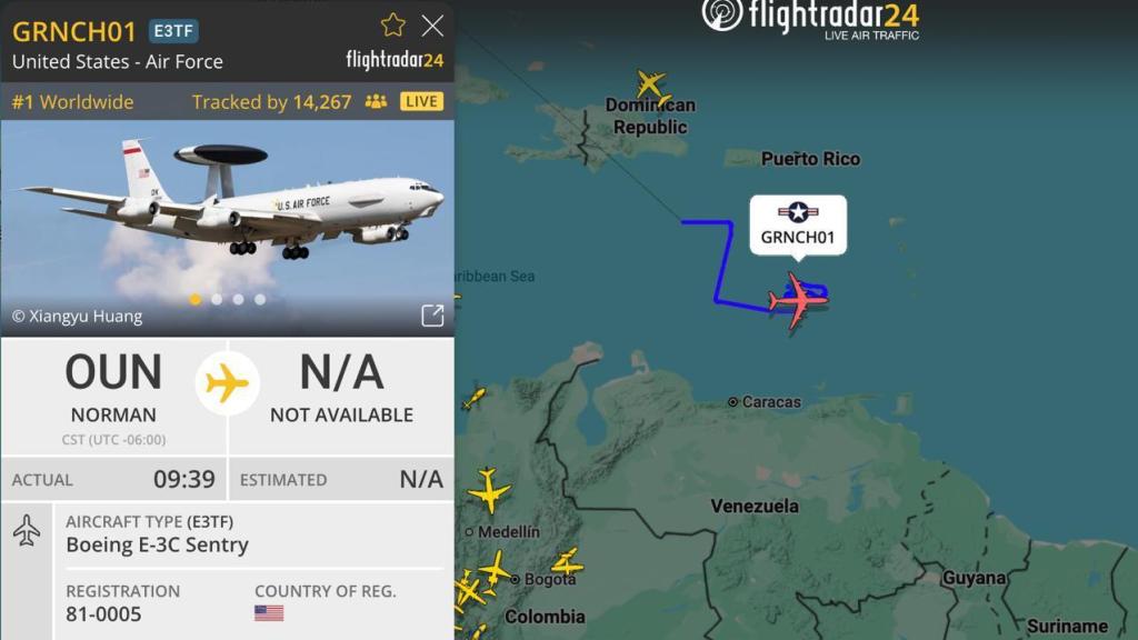 E-3 Sentry volando con el indicativo Grinch frente a las costas de Venezuela