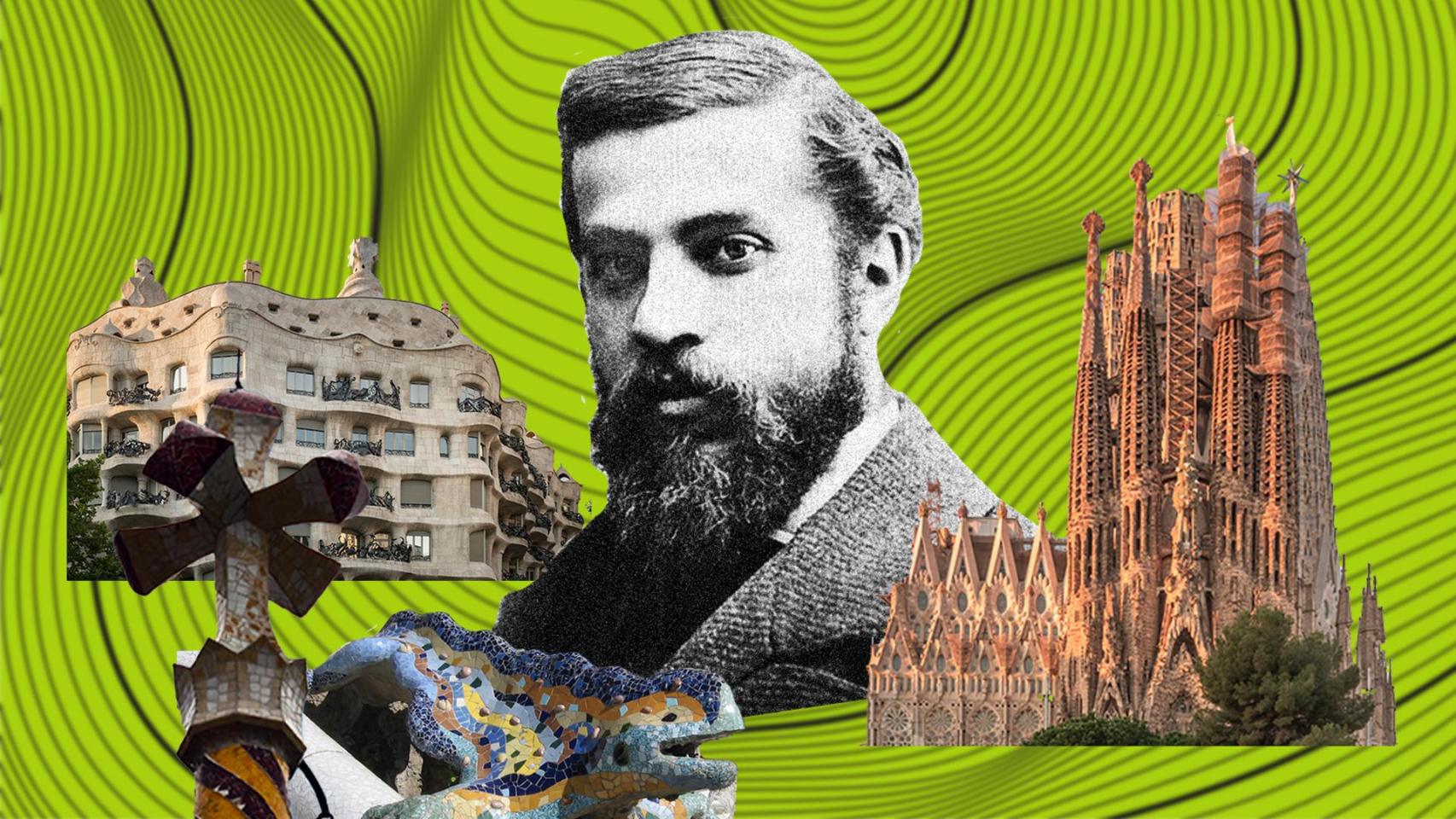Antoni Gaudí junto a La Pedrera, un detalle del Park Güell y la Sagrada Familia. Diseño: Rubén Vique