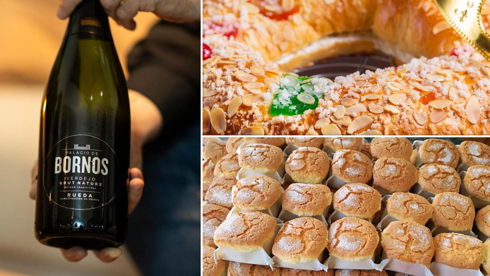 Un vino espumoso de la D.O. Rueda, un roscón hecho en Castilla y León y unas mantecadas de Astorga, en un montaje de EL ESPAÑOL