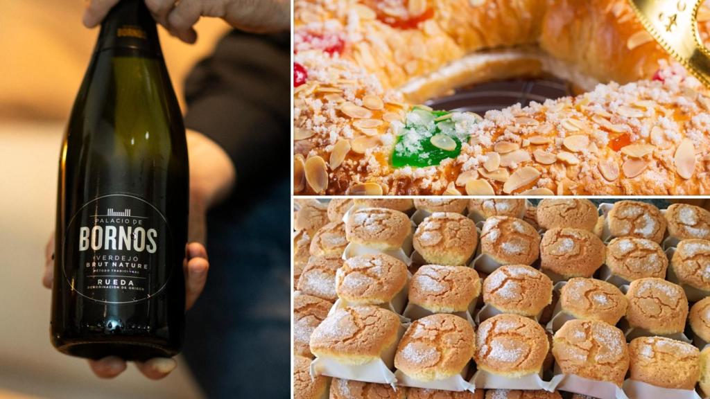 Un vino espumoso de la D.O. Rueda, un roscón hecho en Castilla y León y unas mantecadas de Astorga, en un montaje de EL ESPAÑOL